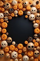 Halloween background with pumpkins and spiders. Top view. Copy space.