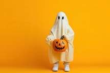 Halloween concept. Cute little boy in ghost costume with pumpkin on orange background