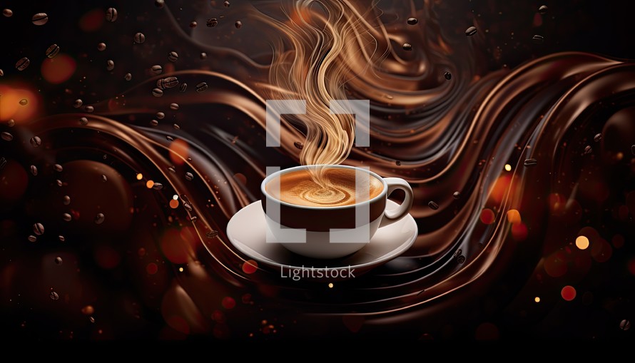 Cup of coffee on a dark brown background.