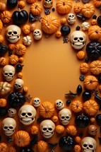 Halloween background with pumpkins and spiders on orange background, top view