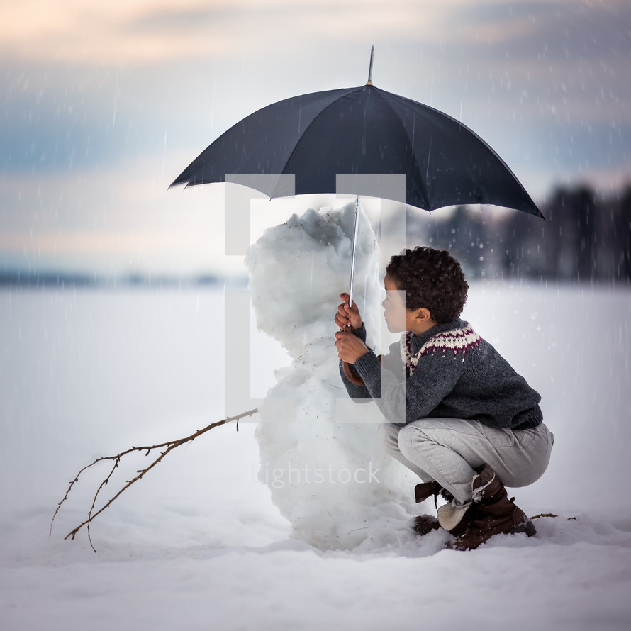 a boy protecting a snowman with an umbrella 