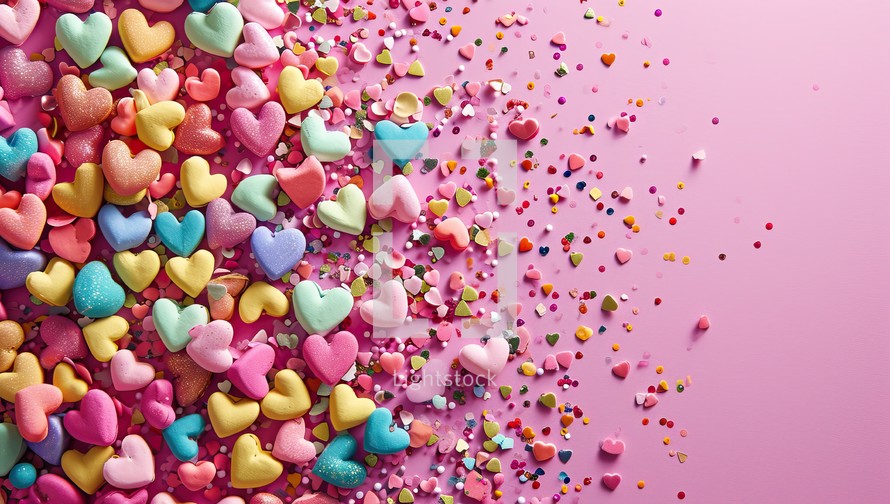 Colorful heart shaped confetti on pink background. Top view.