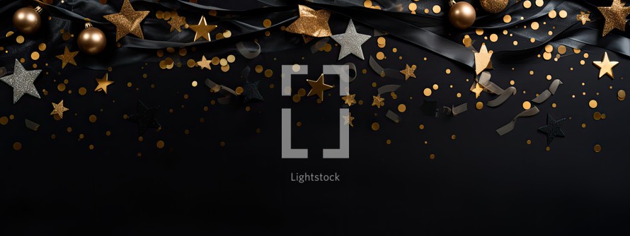 Black background with golden stars and confetti. Festive decoration.