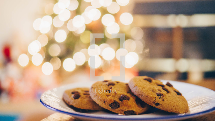 plate of cookies in front of a Christmas tree 