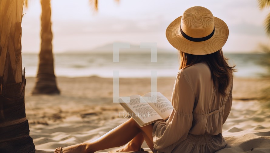 Beautiful asian woman reading book on the beach at sunset time