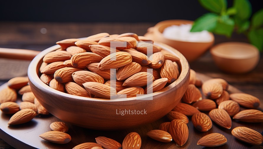 Almond nuts in wooden bowl on wooden background. Healthy food.