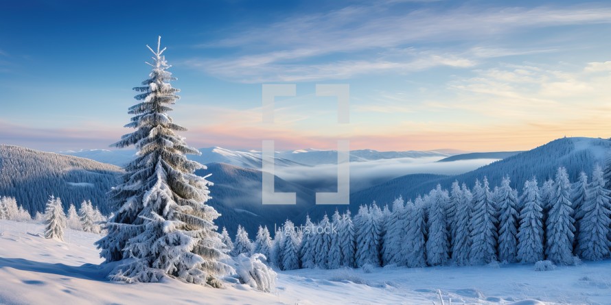 Fantastic winter landscape with snowy fir trees