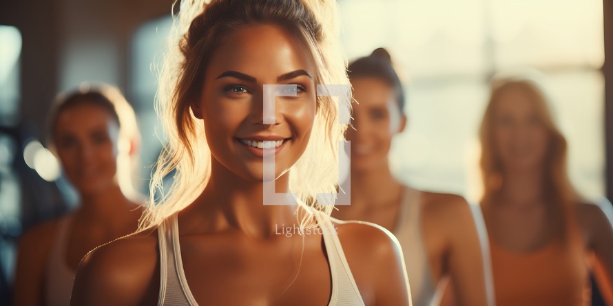 Beautiful young woman in sportswear is smiling while working out in gym