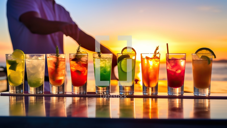 Variety of alcoholic cocktails on a bar counter at sunset or sunrise