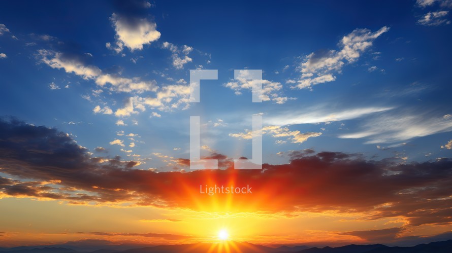 Beautiful sunset sky with clouds and sun. Nature landscape background.