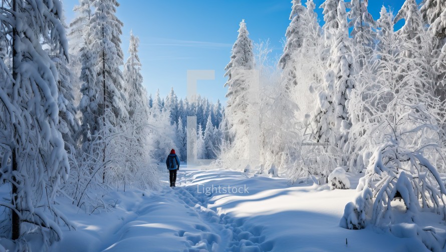 Man walking in the winter forest.