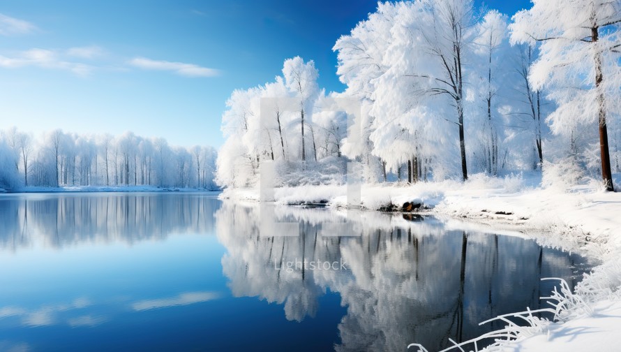 Winter landscape with a lake and trees covered with hoarfrost.