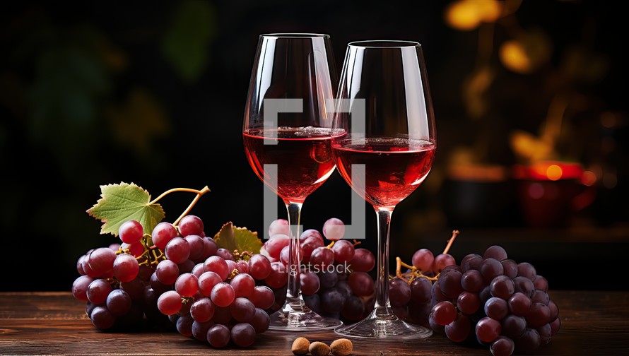 Glasses of red wine and grapes on wooden table on dark background