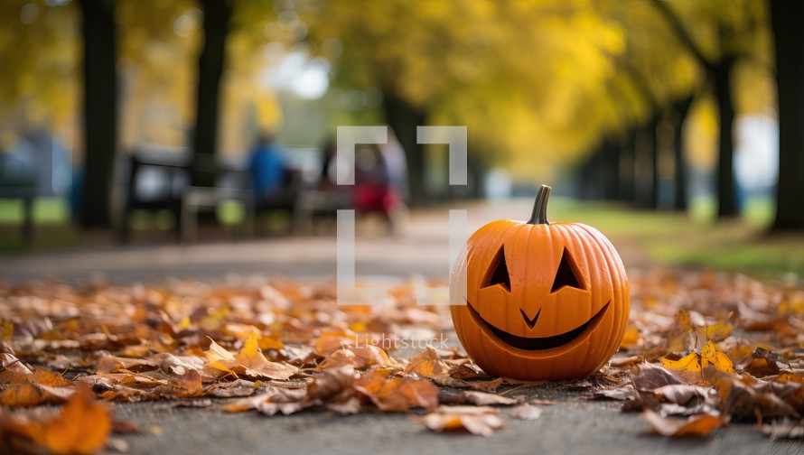Halloween pumpkin on the road in autumn park, shallow depth of field