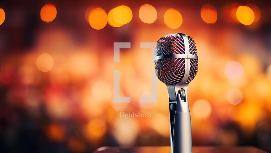 Retro microphone on stage with bokeh background, closeup