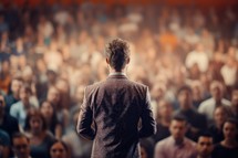 Back view of a businessman standing in front of a crowd of people