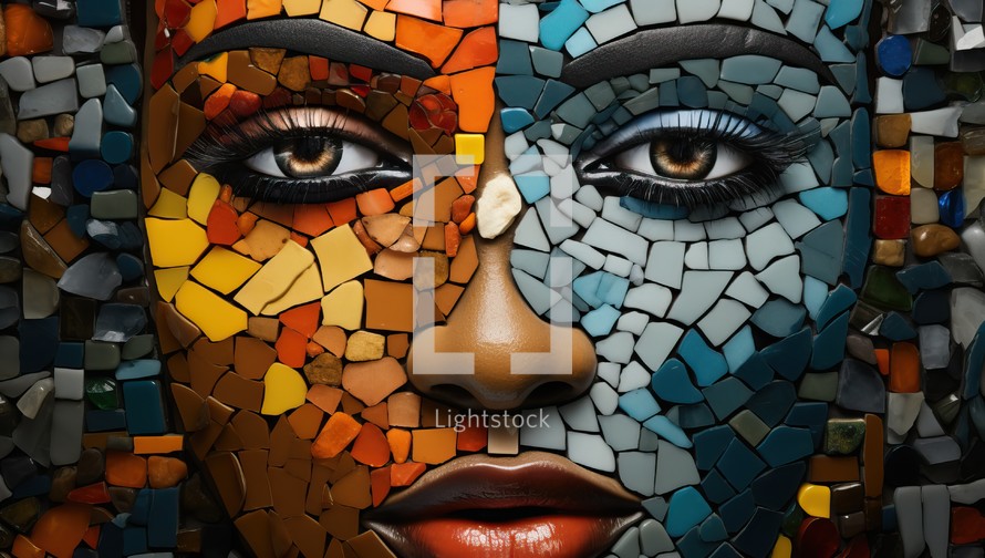 Portrait of a beautiful young woman with multicolored mosaic face