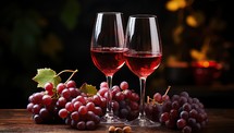 Glasses of red wine and grapes on wooden table on dark background