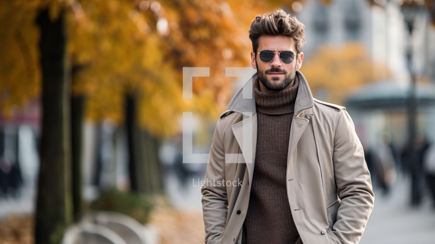 Young handsome man wearing coat and sunglasses walking in the city at autumn day