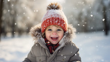 Portrait of a cute little boy having fun in winter park.