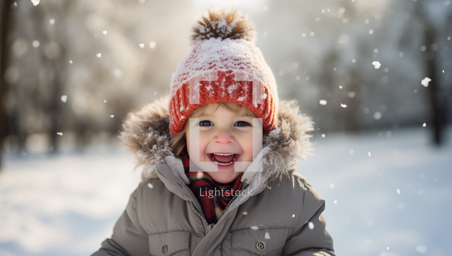 Portrait of a cute little boy having fun in winter park.