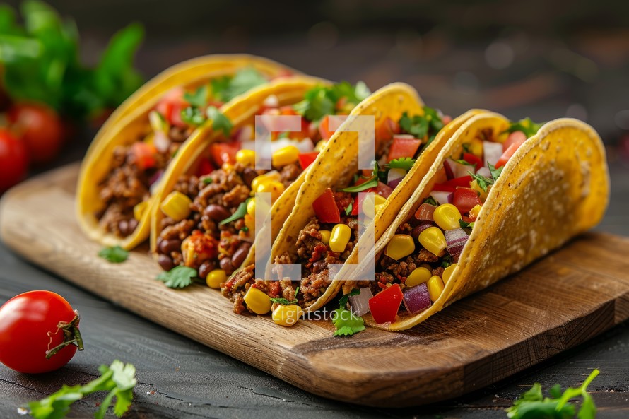 Delicious Beef Tacos with Corn, Tomato, Onion, Cilantro, and Beans on Wooden Board