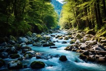 Mountain river flowing through green forest. Beautiful landscape in the mountains