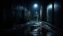 Man walking in a dark alley at night. Horror movie concept. Silhouette of a man walking in a dark alley at night.