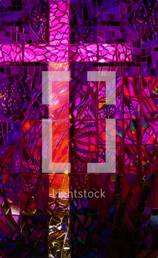 bright pink orange cross on dark background, glass mosaic style vertical format artwork