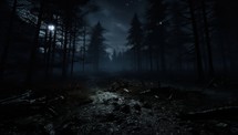 Mysterious dark forest at night with moonlight. Halloween concept