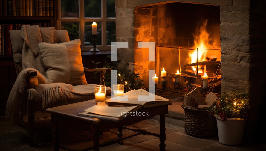 Cozy home interior with fireplace, armchair, candles and book.