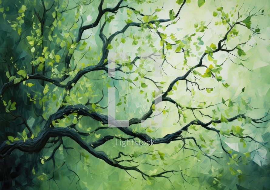 Abstract green background with tree branches. Digital watercolor painting illustration.