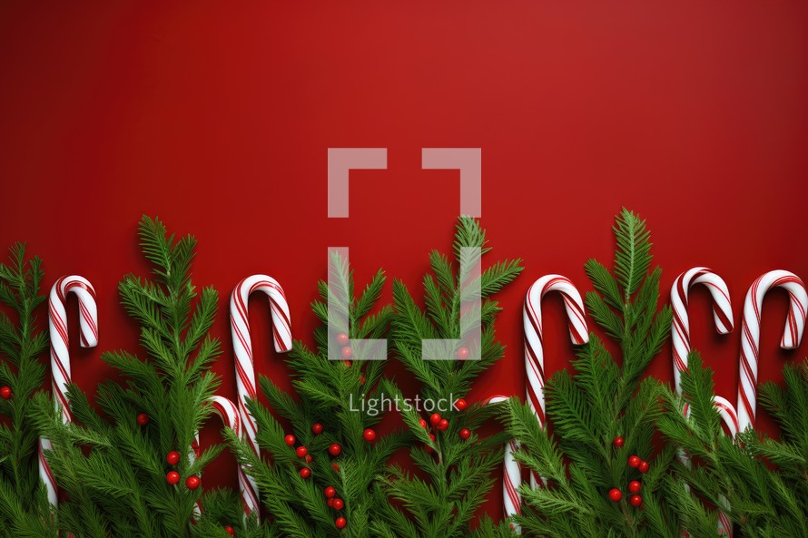 Christmas background with candy canes and fir branches on red background.
