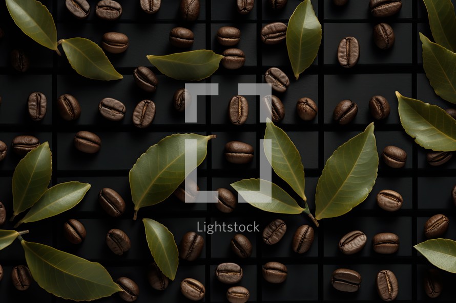 Coffee beans and bay leaf on black background, top view