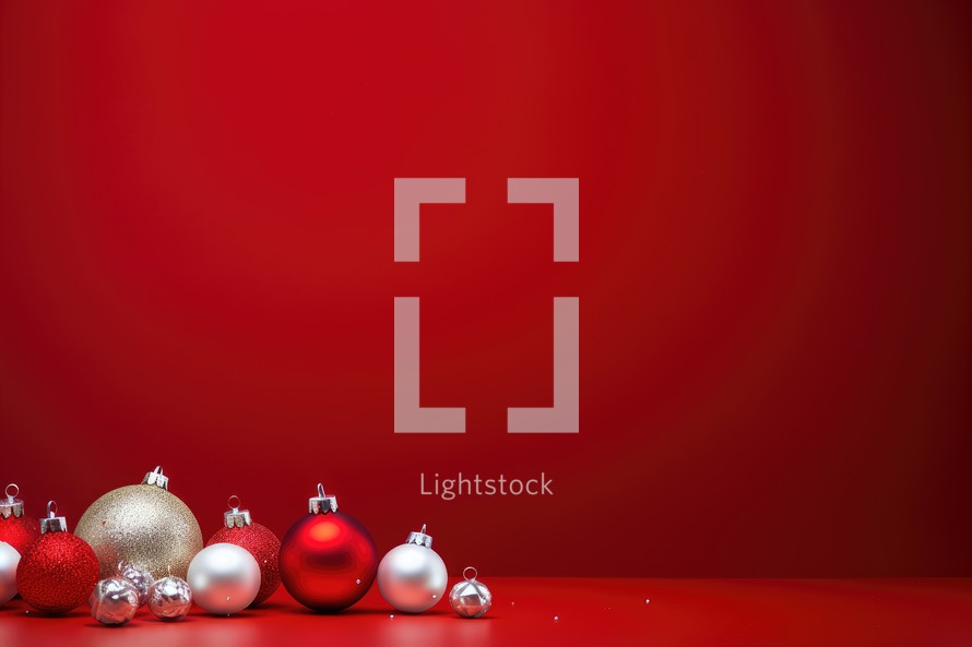 Christmas background with red and silver balls on a red background with copy space