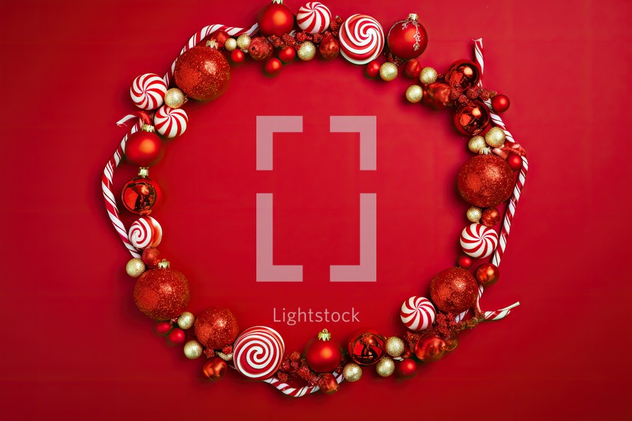 Christmas wreath with candy canes and red baubles on red background