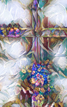 floral cross in vertical format with predominantly white background - combination of my cross artwork, AI input and further editing
