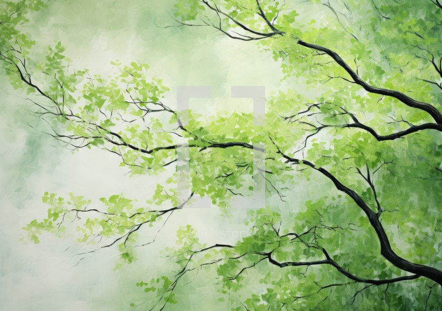 Fresh green tree leaves on watercolor background, spring nature background.