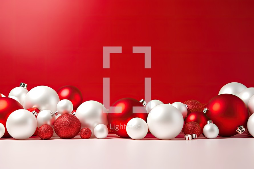 Christmas background with red and white baubles. 3D rendering