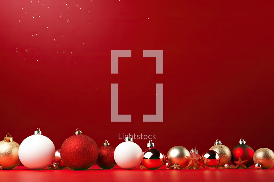 Christmas background with red and white baubles on a red background