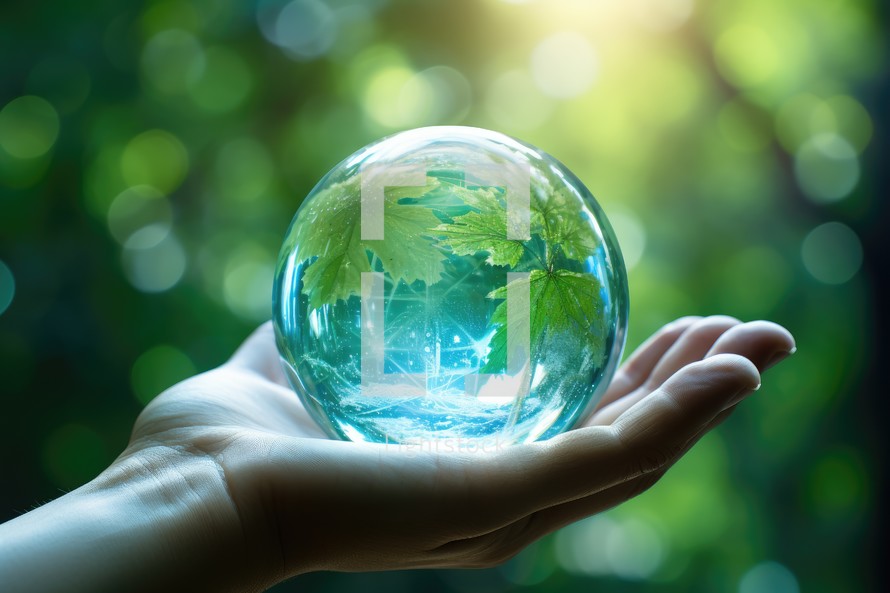 Glass globe with green leaf in human hand. save the world concept