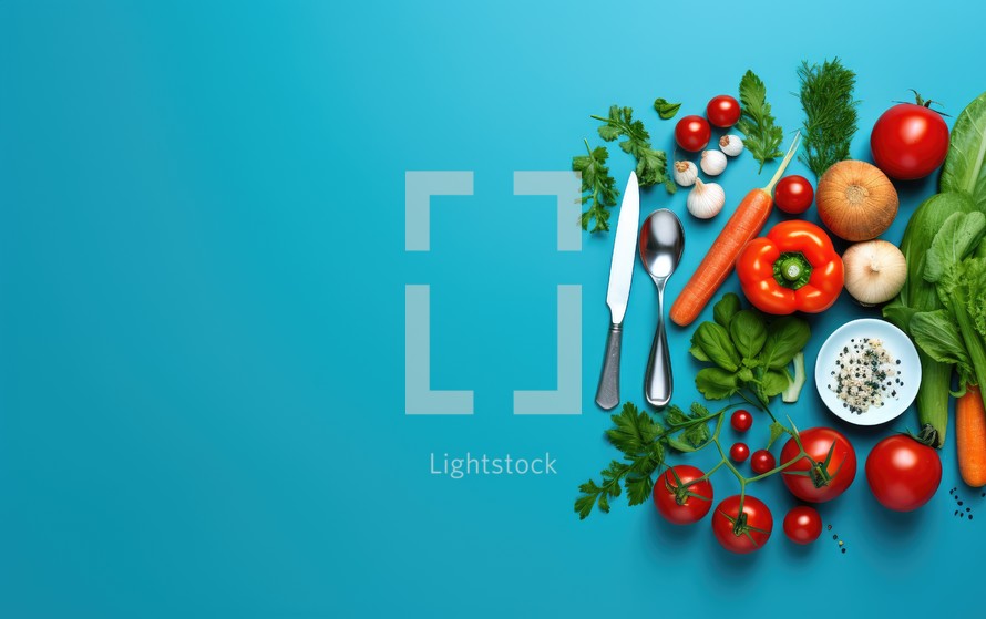 Fresh vegetables and spices on blue background. Top view with copy space