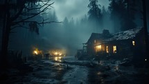 Old wooden house in the forest at night with fog and light.
