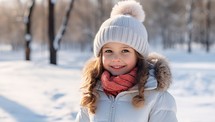 Portrait of a little girl in a white jacket and hat on a background of winter park