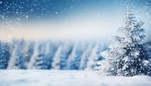 Frozen winter forest with snow covered trees. Christmas holiday background.