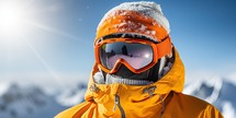 Close-up of a snowboarder in a helmet and glasses on the background of mountains