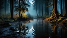Foggy forest with a river in the foreground and trees reflecting in the water