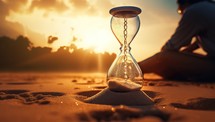 Woman sitting on the sand and looking at the hourglass. Time concept