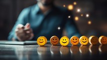 Smiley faces on a wooden table with a man using a tablet