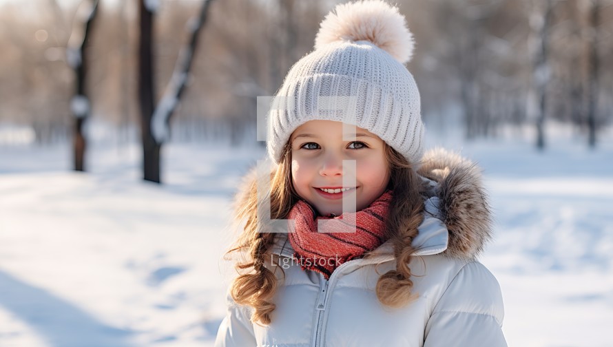 Portrait of a little girl in a white jacket and hat on a background of winter park